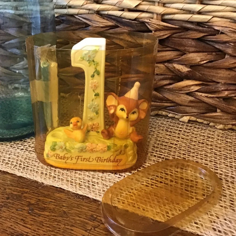 Vintage 80’s cake topper candle holder for first birthday.
